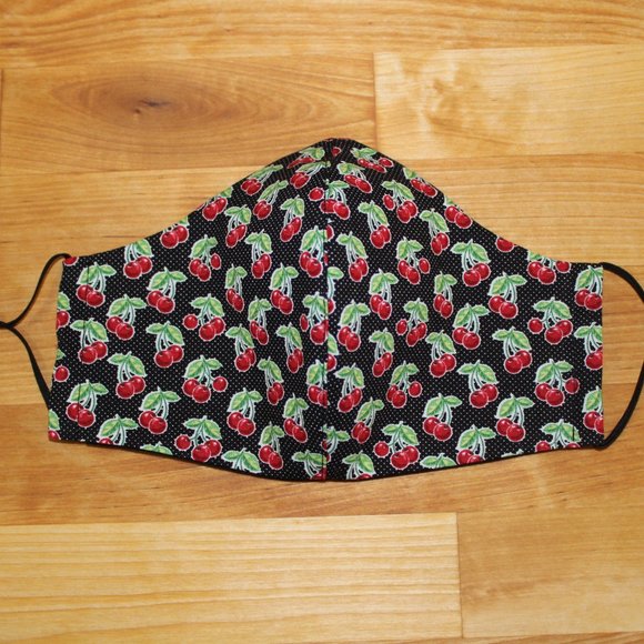 Cherries Black Dots Handmade Cotton Face Mask - Picture 2 of 3